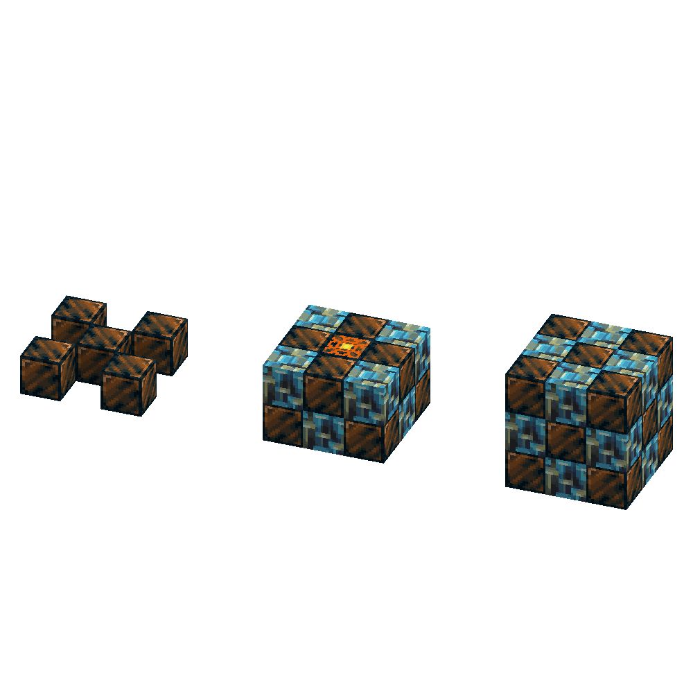 Picture of the structure of the Banglum Nuke, forming a 3x3x3 cube of alternating Banglum Blocks and Morkite Blocks, with a Banglum Nuke Core in the middle