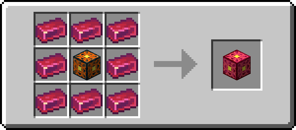 Image of the recipe for a Carmot Nuke Core, which is a Banglum Nuke Core surrounded by 8 Carmot Ingots in a crafting table