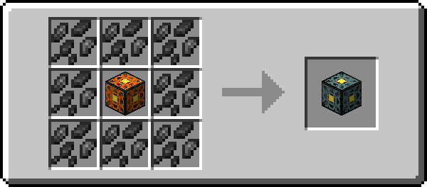 Image of the recipe for a Quadrillum Nuke Core, which is a Banglum Nuke Core surrounded by 8 Raw Quadrillum in a crafting table
